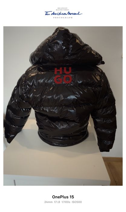 HUGO – Nowa pikowana kurtka puchowa, czarna, błyszcząca, odpinany kaptur