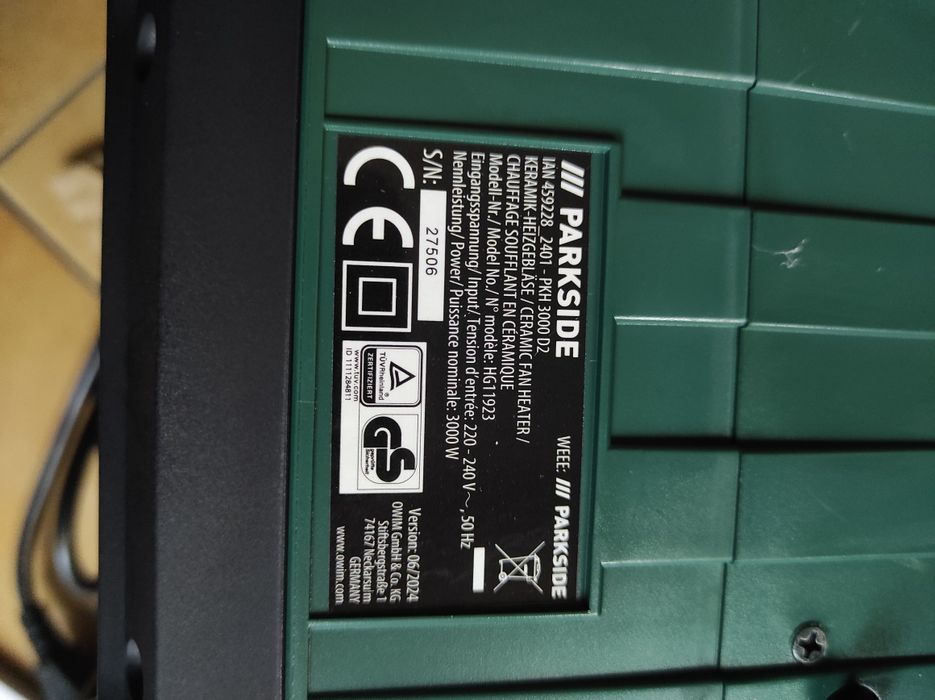 НІМЕЧЧИНА Обігрівач 3000 Вт керамічний Parkside PKH 3000 D2 пушка