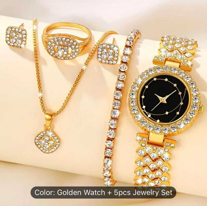 6pcs golden rhinestone quartz watches for women