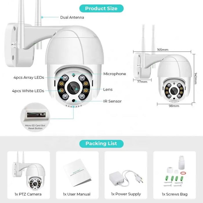 IP камера 5MP Wi-Fi SD-карта PTZ A8W5 вулична поворотна ICSEE