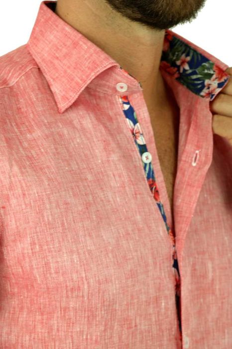 GIOVANNI PERA Koszula Męska GPL3 Czerwona LEN, Wykończenie Kolorowe