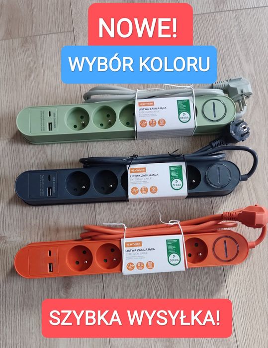 Szybka ładowarka USB-C i USB + Przedłużacz wyłącznikiem 1,5m. 3 kolory