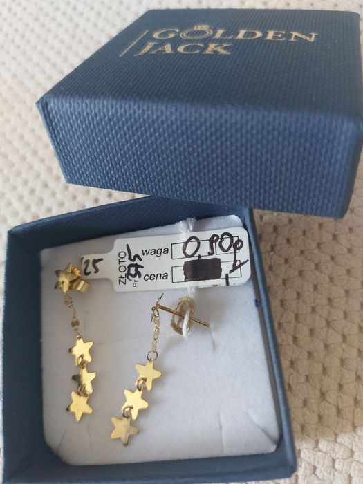 Nowe złote kolczyki próba 375 9k 9ct gwiazdki wiszące 3cm sztyfty wkrę