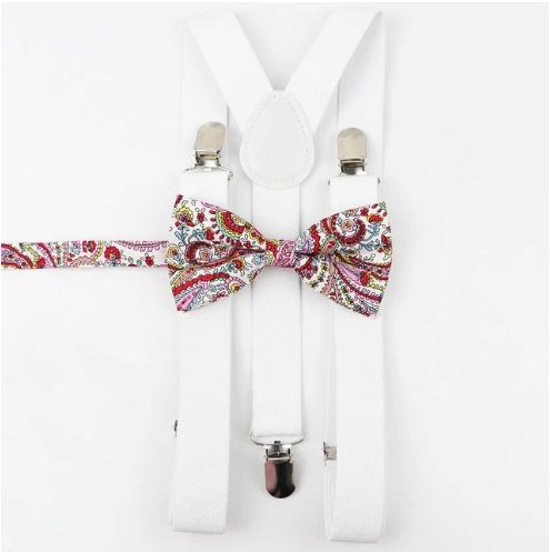 Szelki Męskie I Mucha Męska Biała W Kolorowy Wzór