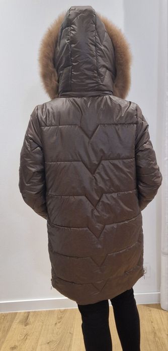 Czekoladowa brązowa polska kurtka zimowa z naturalnym lisem, r.40