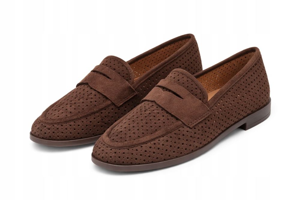 Mokasyny Damskie Loafersy Dziurki Miękkie Lekkie Brązowe Czekoladowe 38