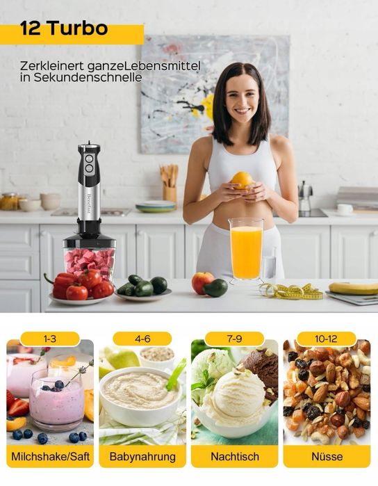 BENEFAST Blender Ręczny 6w1 Stalowy 1000W 12 Prędkości Turbo Do Zup Sa