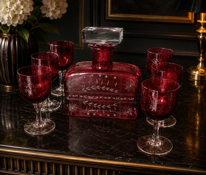 Conjunto em Cristal Vermelho Estilo Baccarat – Garrafa + 6 Cálices  (Anos 40) S/uso