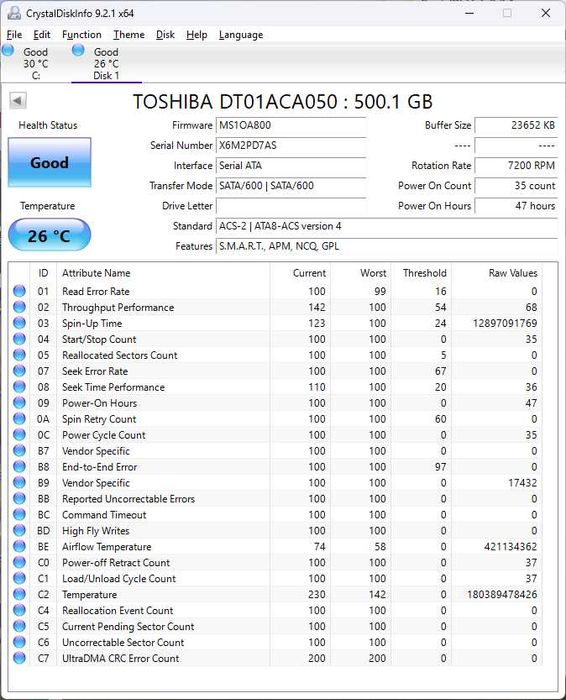 Жорсткий диск TOSHIBA DT01ACA050 500Гб 3.5" в чудовому робочому стані.