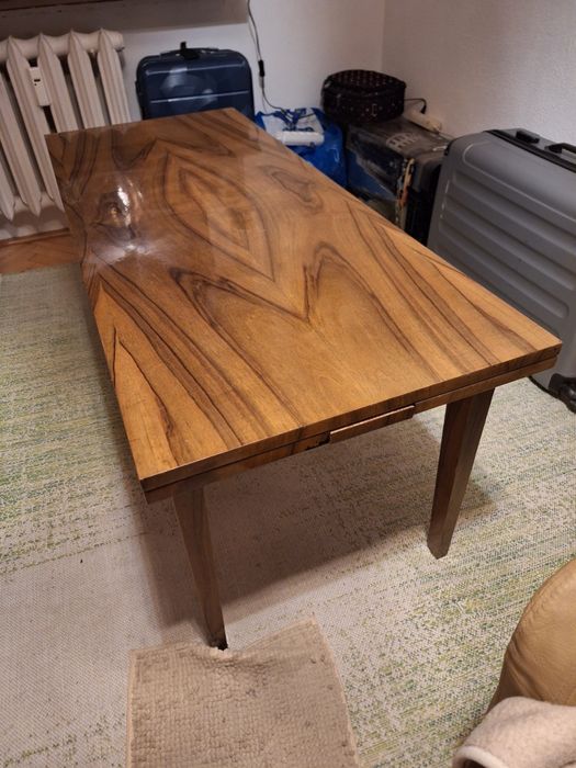 Meble PRL - stół, ława rozkładana, ławostół - lite drewno lakierowane