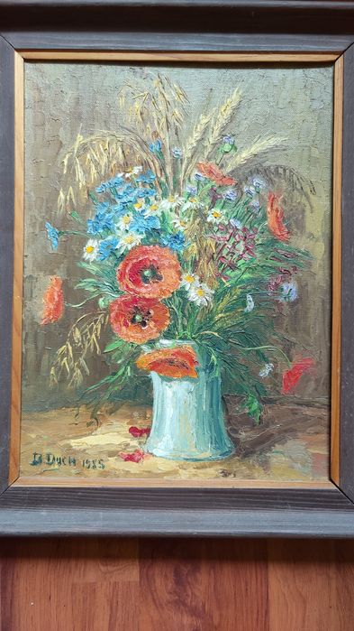 Obraz olejny kwiaty polne sygnowany 1985