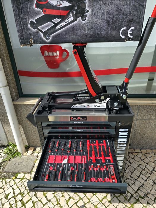 Conjunto de carrinho de ferramentas 6 gavetas e macaco e preguiças