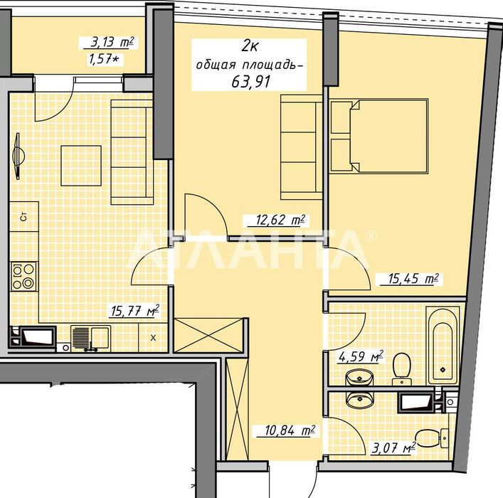 Двухкомнатная квартира в ЖК Атмосфера в Аркадии