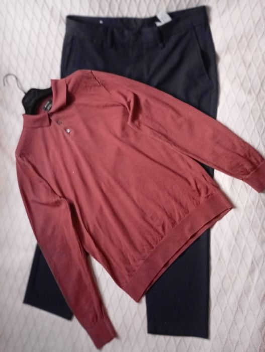 MASSIMO DUTTI 100% Merino Blend L-XL ceglasty sweter polo z kołnierzem