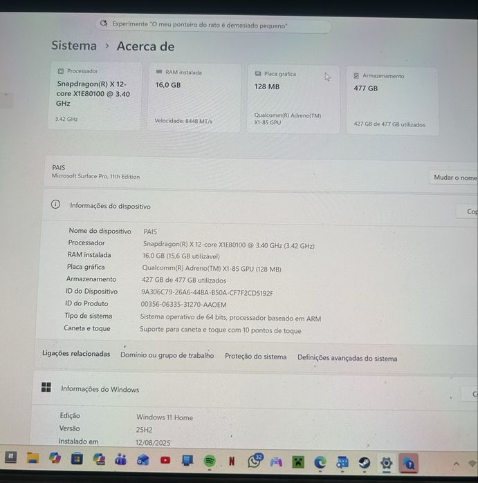 Microsoft Surface Pro 11ª Edição 13'' - Snapdragon X Elite C12 - RAM: 16 GB - 512 GB SSD