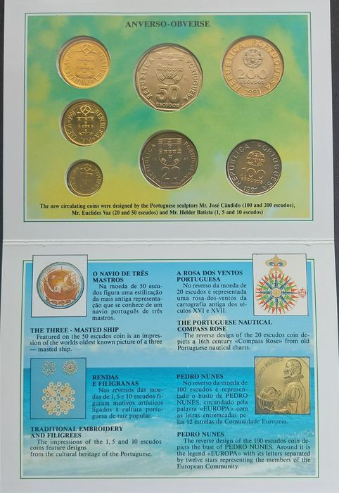 Coleção de 7 moedas correntes não circuladas - 1991