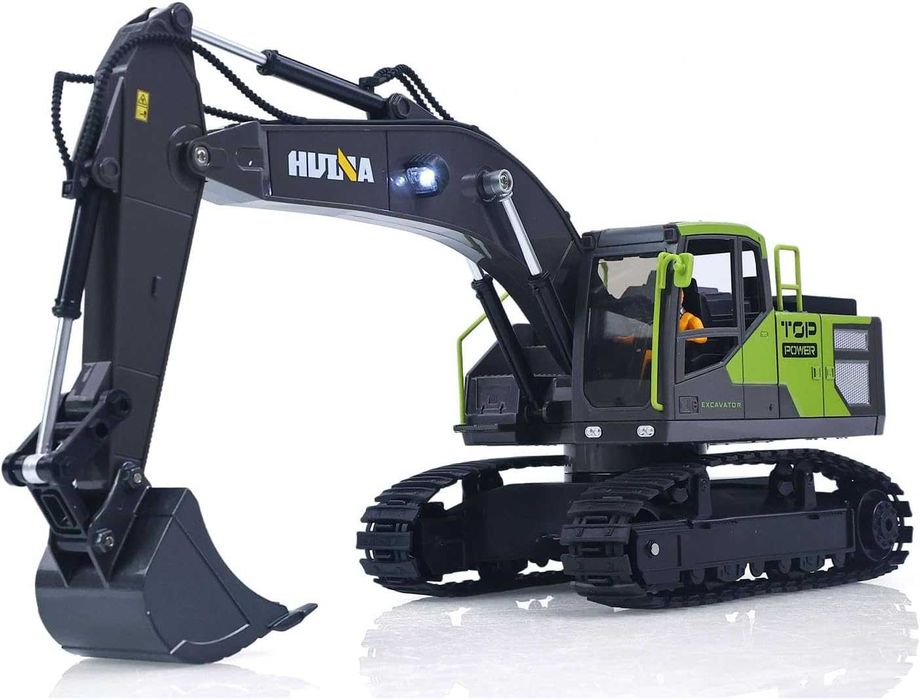 Huina 1661 Escavadeira RC Escala 1:18 2.4G 13CH com Caçamba de Liga Metálica, Luz LED, Spray, Rotação de 380° - Veículo de Controle Remoto Verde