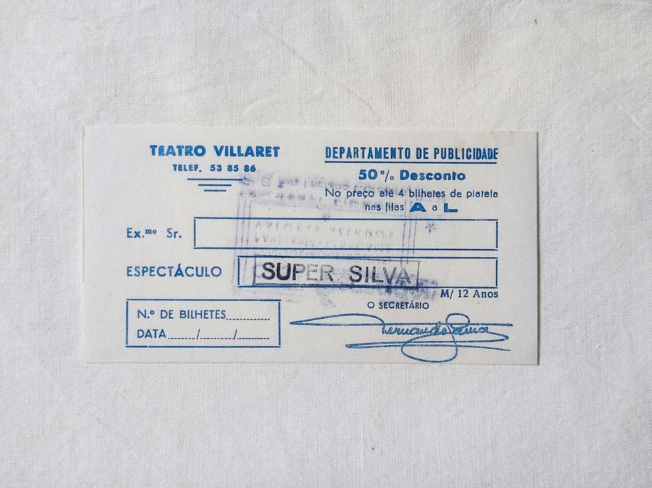 Raro Talão Promocional Teatro Villaret – Peça "Super Silva" (Anos 80)