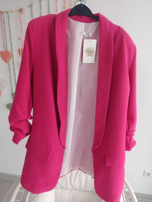 Marynarka żakiet elegancki dłuższy uni S M 36 38 różowy fuksja święta