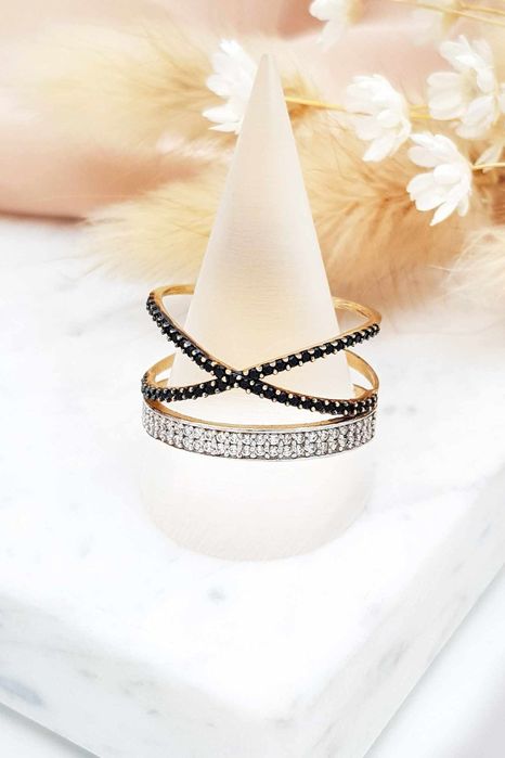 Złoty pierścionek multiring z cyrkoniami