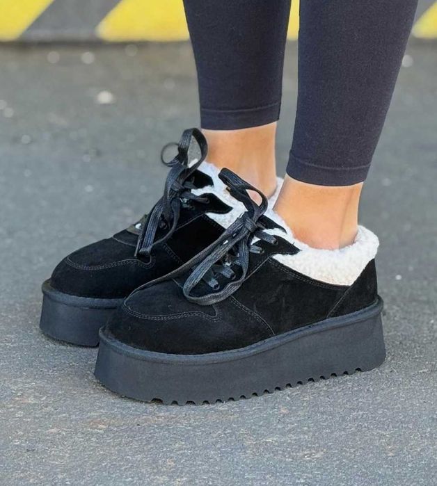 Зимние женские замшевые кроссовки с мехом натуральная замша черные