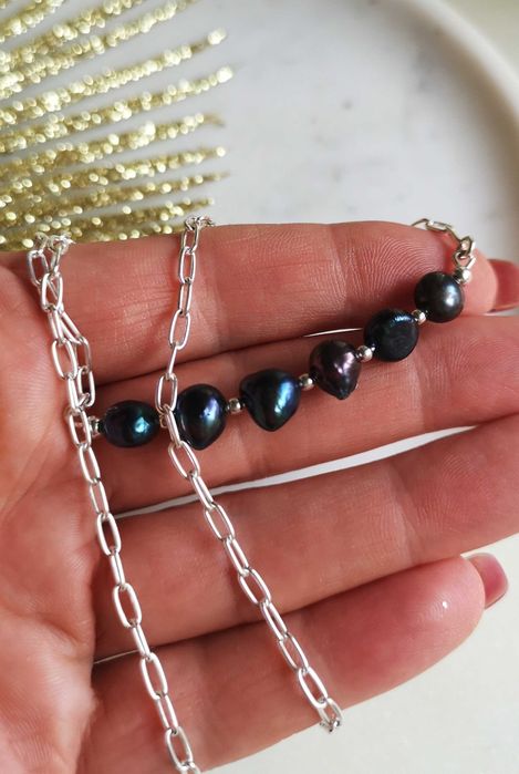 naszyjnik choker czarne perły srebro