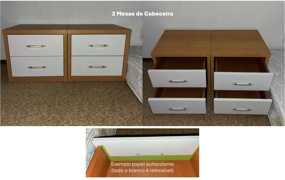 quarto juvenil: cama, roupeiro, secretária, 2 mesinhas, prateleira