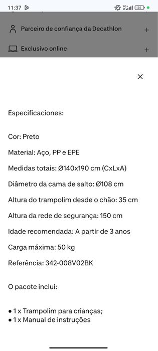 Trampolim Crianca  140x190cm preto