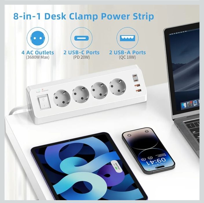 Gniazdo stołowe z USB C (PD 20 W), listwa zasilająca 8 w 1