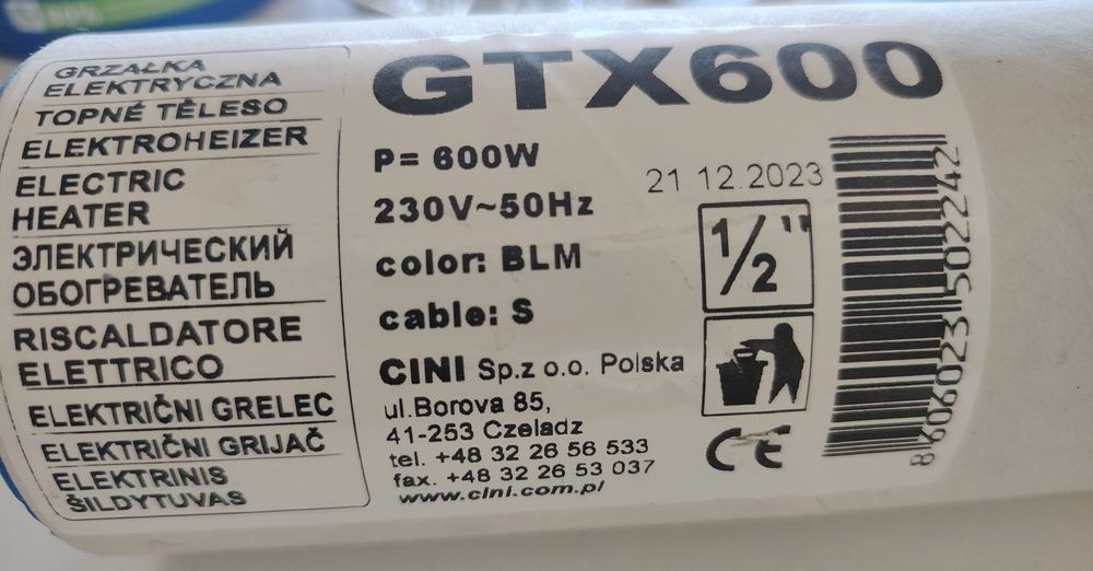 NOWA Grzałka elektryczna Cini GTX 600 Wat  CZARNY MAT