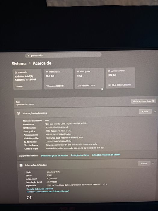 PC Gaming i5-12400F + RX 7600 8GB | 16GB RAM | SSD 1TB  Vendo PC Gaming em excelente estado, pronto a usar