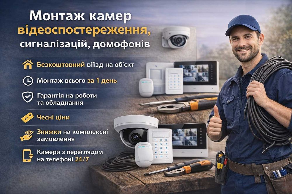 Монтаж (установка) камер відеоспостереження, сигналізацій, домофонів