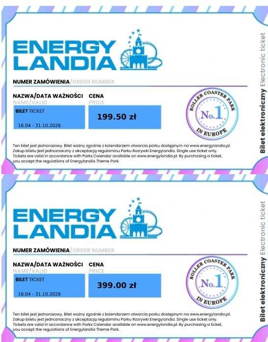 2x BILET 2DNIOWY NORMALNY do Energylandia
