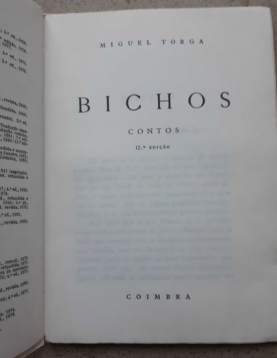 Livro Antigo "Bichos - Miguel Torga"