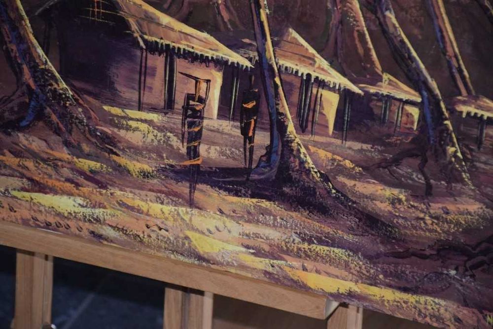 Quadro africano (Angola) pintado a tinta de óleo – Cubatas na Floresta – 1997
