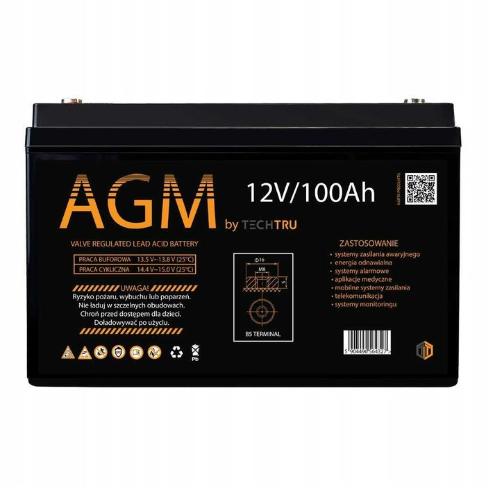 Акумулятор AGM 100Ah 12V Techtru Polska. АКБ 100 Для інвертора. Новий