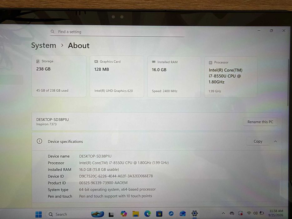 Portatil Dell Inspiron 7373 – Intel Core i7 8550U, RAM 16 GB, SSD 250 GB