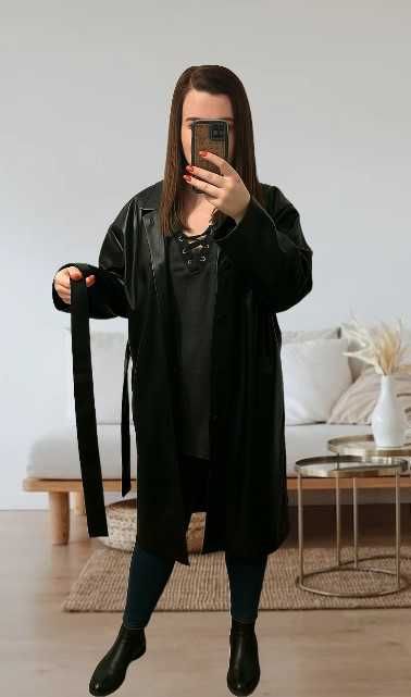 Płaszcz eko skóra w stylu Matrix | wiązany w pasie | plus size 48–56