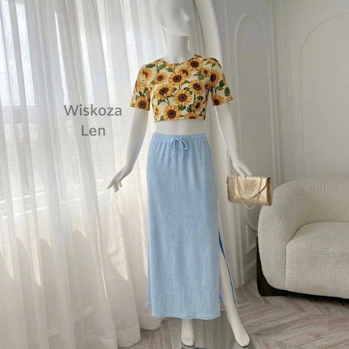 Błękitna spódnica boho z lnem maxi Sinsay wiskoza len cottagecore