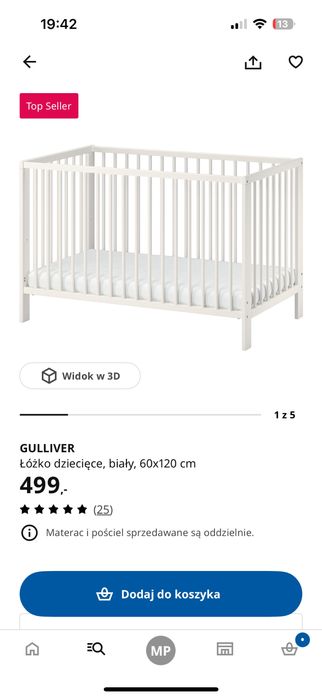 Łóżeczko ikea gulliver 60x120 cm z materacem