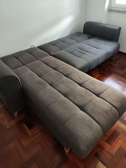 Sofá (cama) cinzento com chaise longue e arrumação – 100 euros (usado)