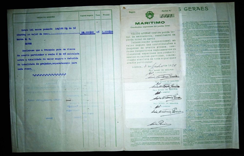 Seguro marítimo pelo Banco de Seguros no vapor brasileiro "Poconé" em 1920