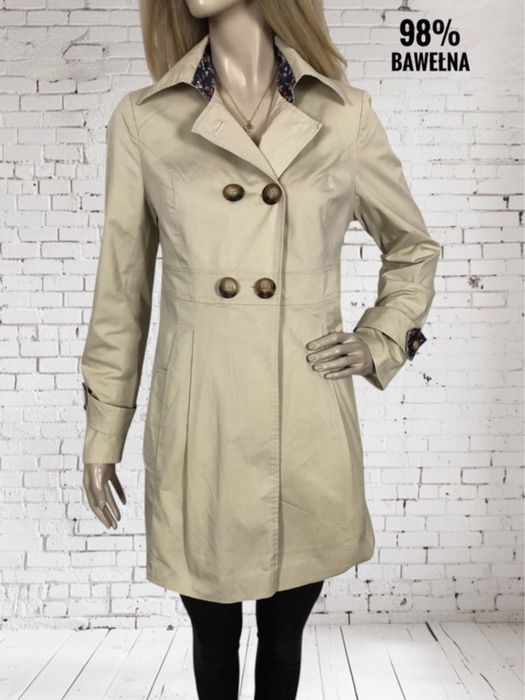 Beżowy bawełniany długi płaszcz trencz damski Małgorzata na wiosnę M