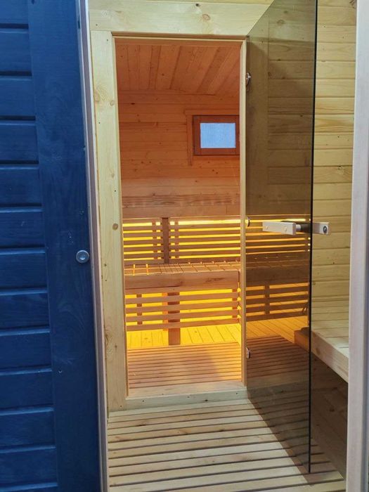 SAUNA Ogrodowa Beczka 350cm Gotowa + Balia do schłodzenia + LED + piec