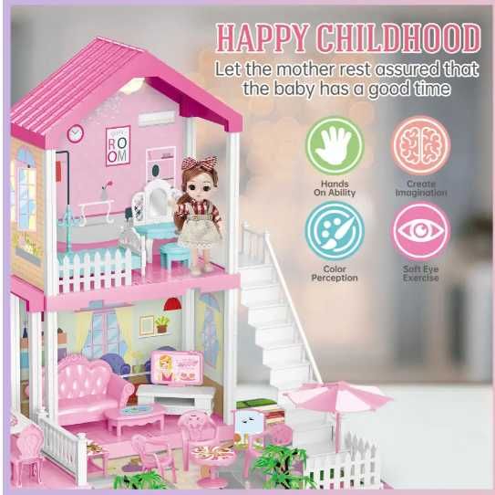 Будиночок для ляльок на 2 поверхи/3 кімнати. з меблями та терасою