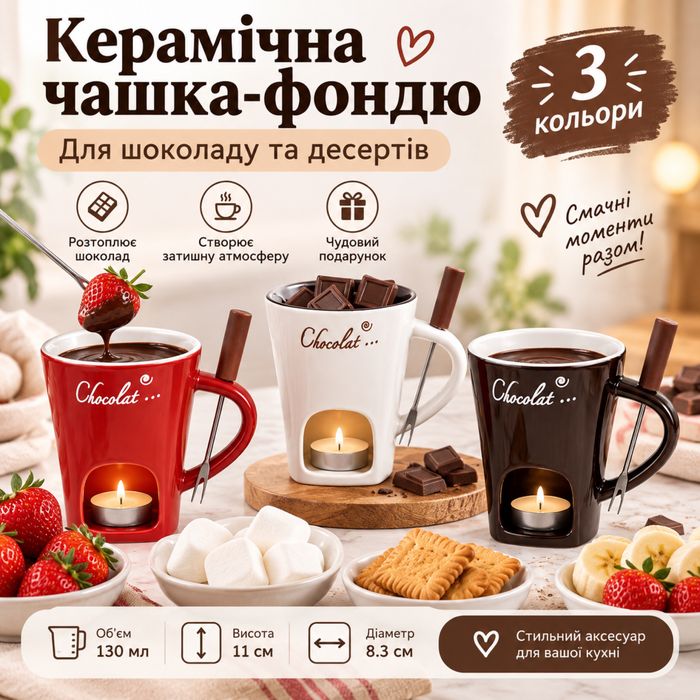 Керамічна чашка-фондю для шоколаду з підігрівом від свічки