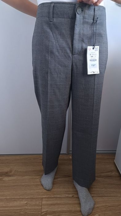 Spodnie szare eleganckie o prostym kroju w kratkę Zara premium S