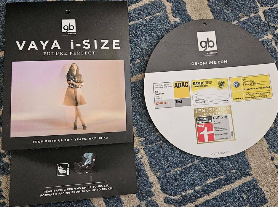 Cadeira Vaya plus i-size 45cm a 105cm, máximo 18kg. Dos 0 meses ao limite 105 cm ou 18kg.