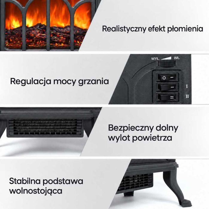 Kominek Elektryczny 1500W Grzejnik Termowentylator Efekt Płomienia 3D Termostat Wolnostojący