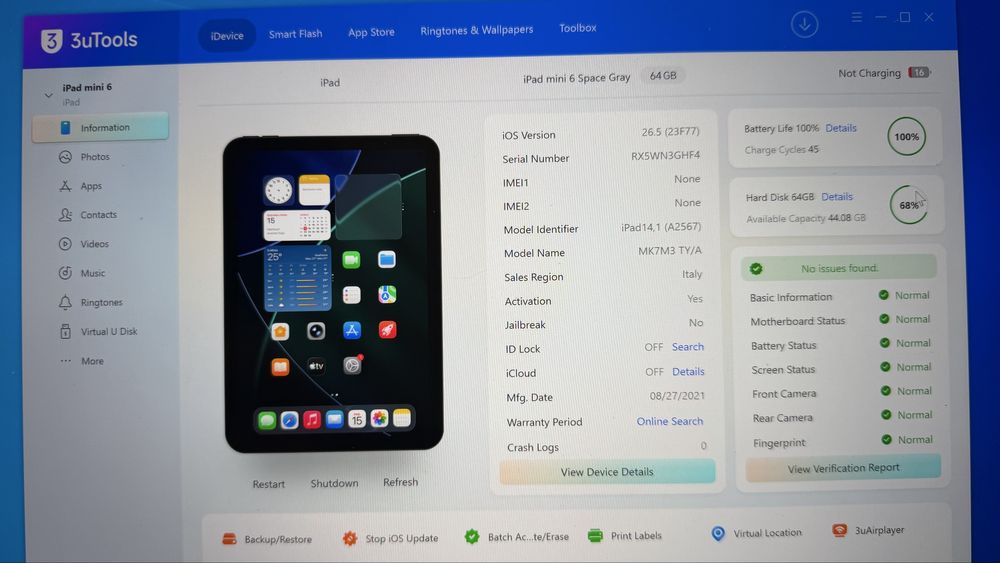 iPad mini 6 (64 GB) Space Gray – Estado de Novo (Bateria 100%)
